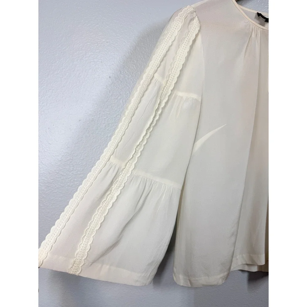 J. Crew Shirt Women's Size 6 Ivory Silk Lace Trim Bell Sleeve Feminine Classic‎
